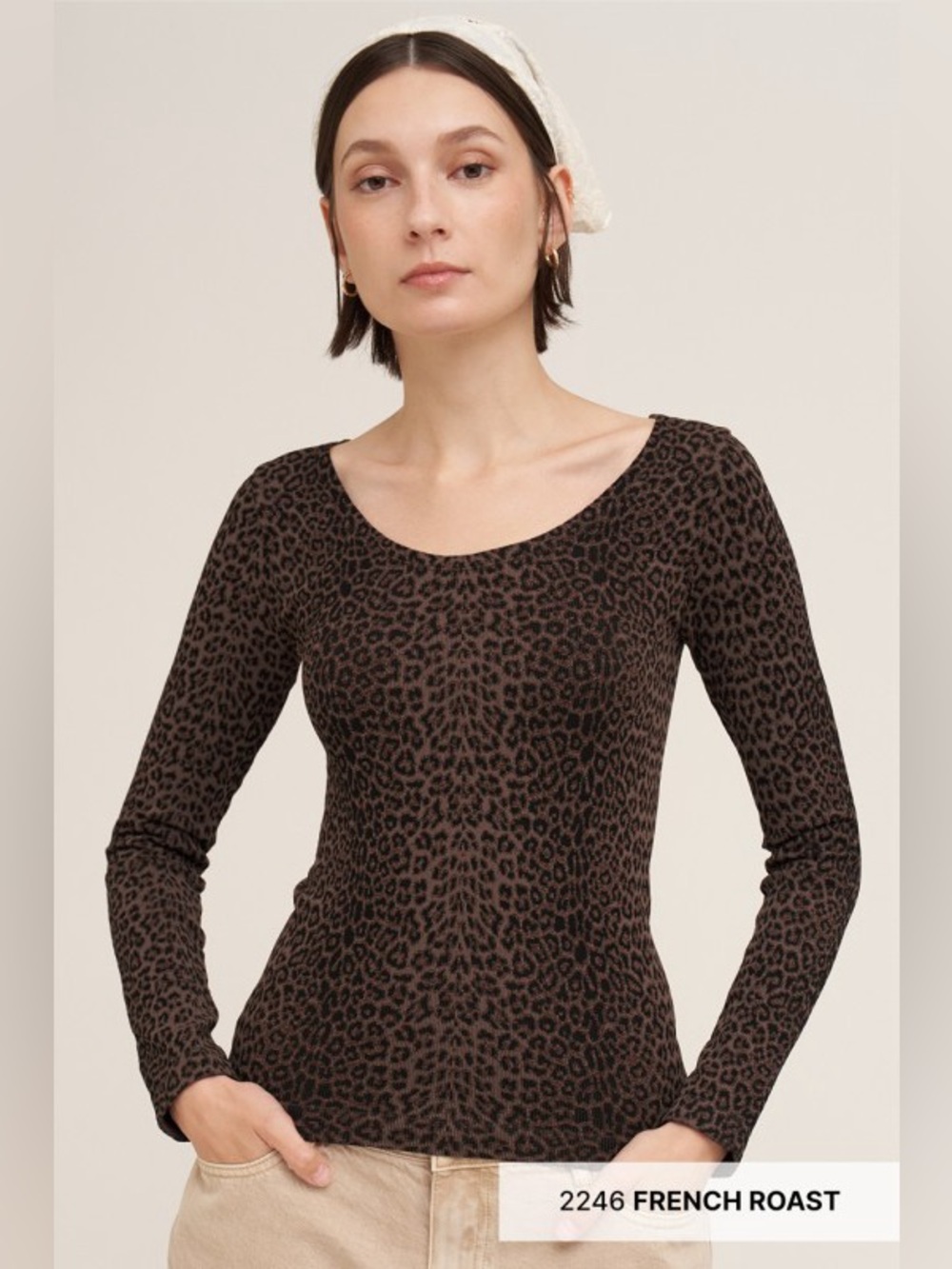 NIKIBIKI French Roadt Leopard Print Scoop Neck Long Sleeve Top